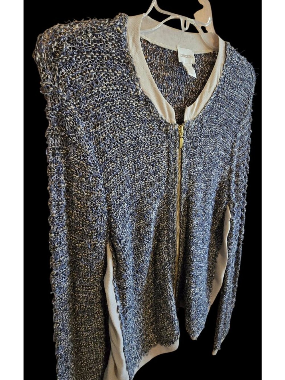 Chicos Textured Metallic Knit Cardigan With Zipper Front vintage flirty warm - Picture 2 of 8